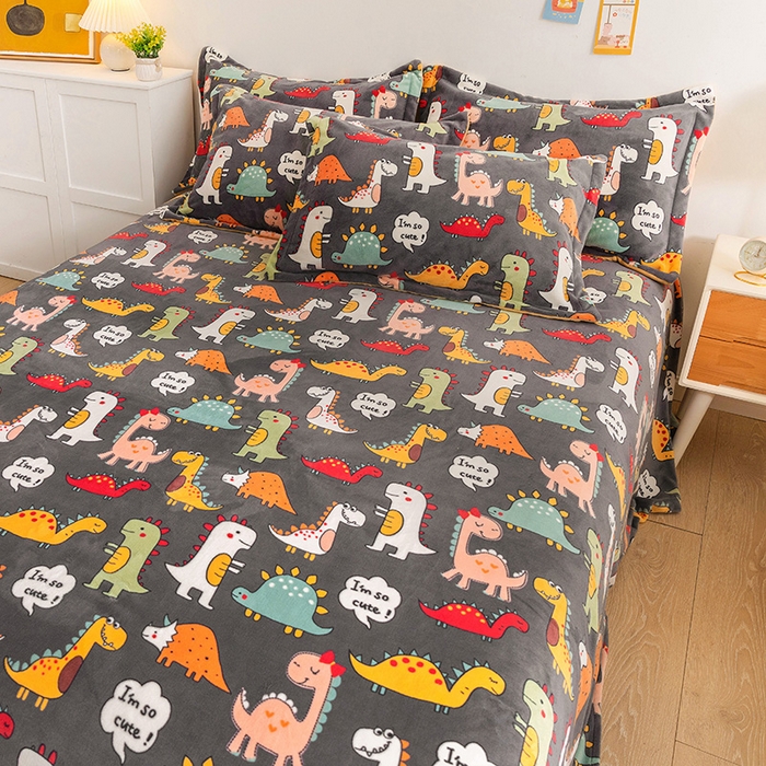 91家纺网 家纺一手货源 找家纺 金盛纺 2025新款高克重牛奶绒印花系列单床单(可定制) 恐龙王国