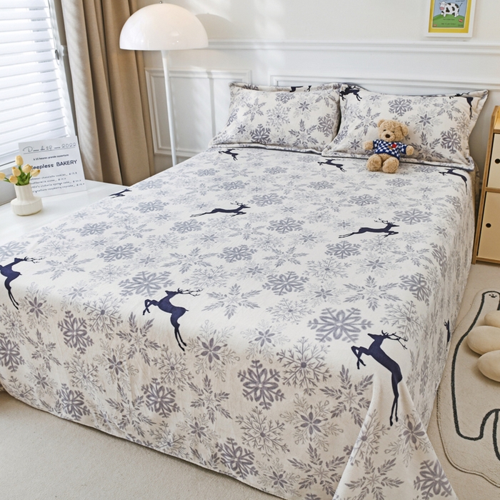 91家纺网 家纺一手货源 找家纺 金盛纺 2025新款高克重牛奶绒印花系列单床单(可定制) 圣诞鹿