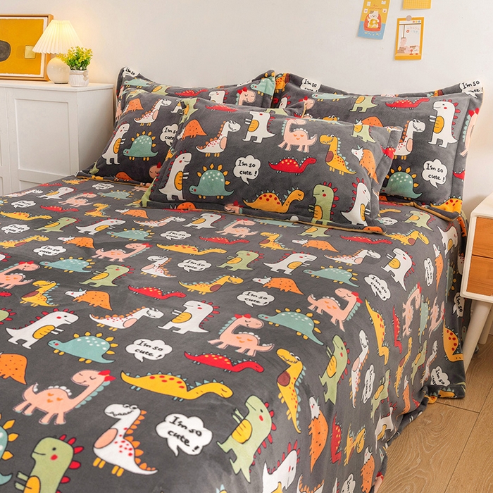 91家纺网 家纺一手货源 找家纺 金盛纺 2025新款高克重牛奶绒印花系列单床单(可定制) 恐龙王国