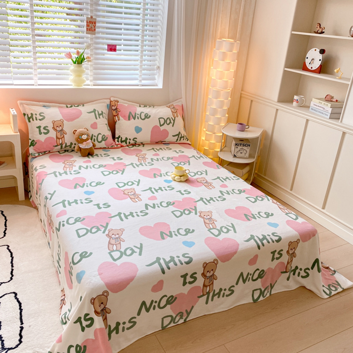 91家纺网 家纺一手货源 找家纺 金盛纺 2025新款高克重牛奶绒印花系列单床单(可定制) 粉红桃心