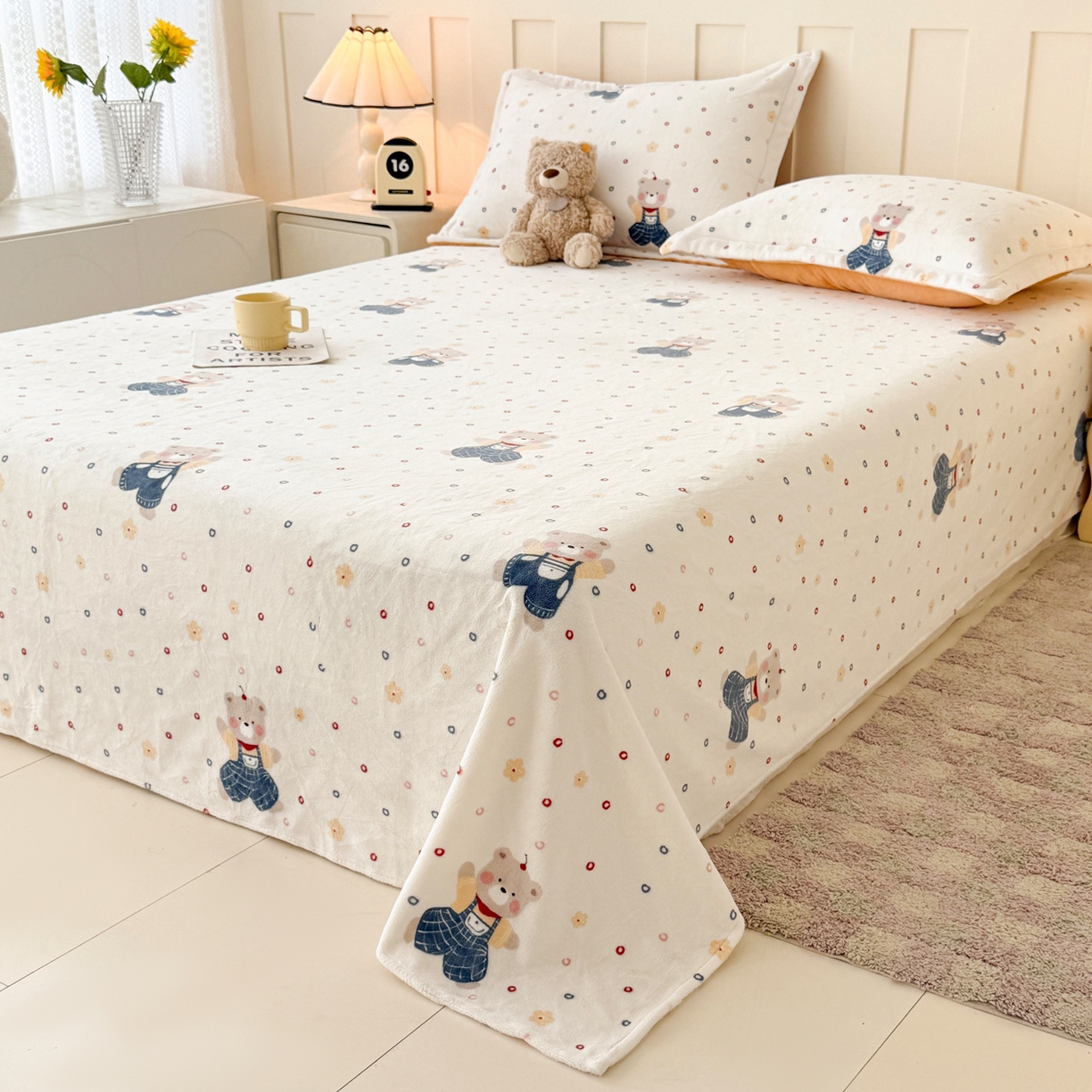 91家纺网 家纺一手货源 找家纺 金盛纺 2025新款高克重牛奶绒印花系列单床单(可定制) 熊熊乐园