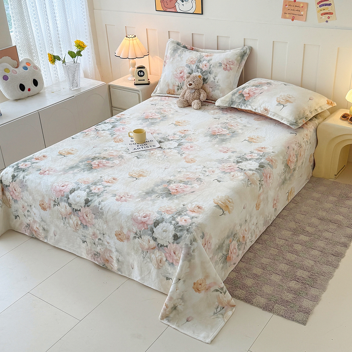 91家纺网 家纺一手货源 找家纺 金盛纺 2025新款高克重牛奶绒印花系列单床单(可定制) 墨染