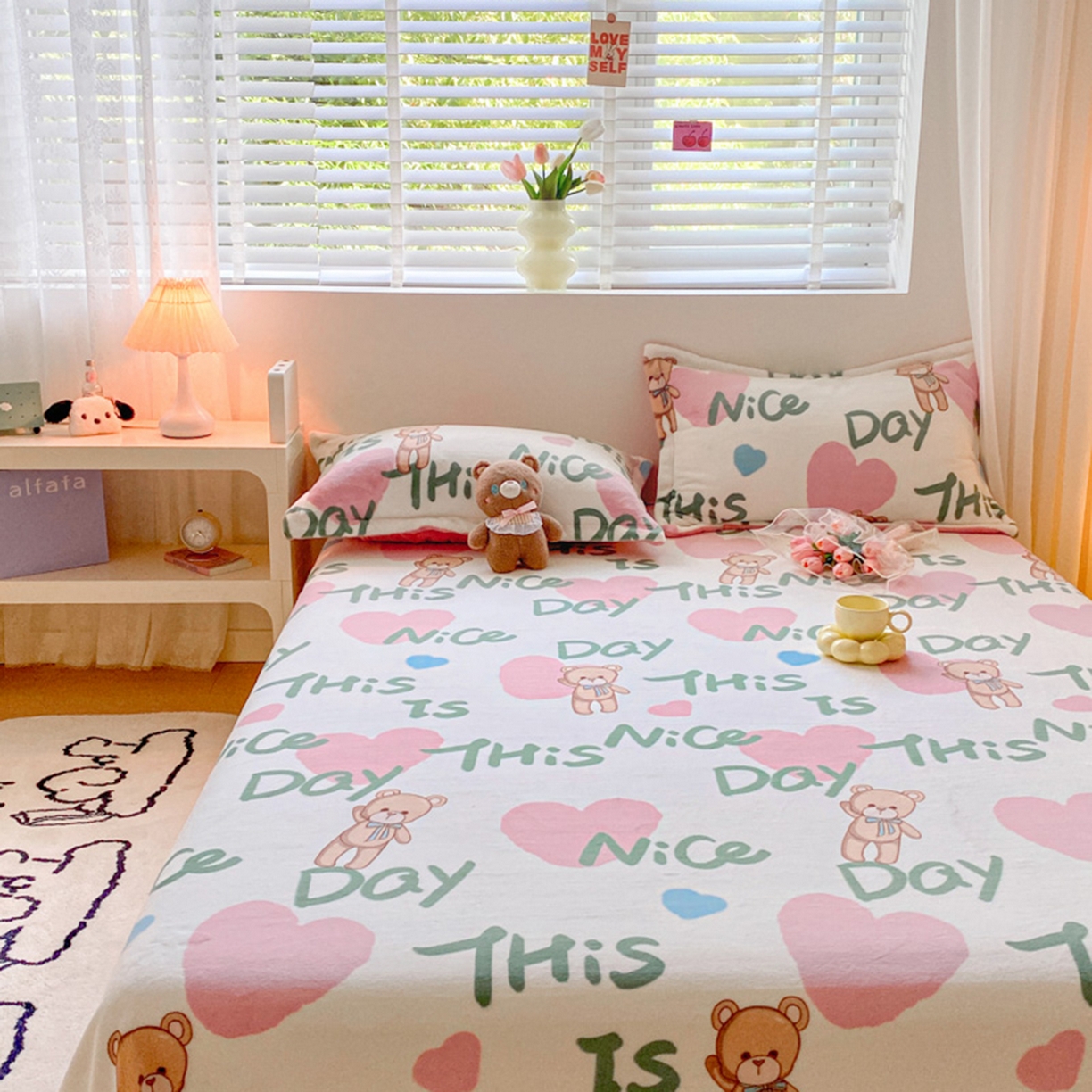 91家纺网 家纺一手货源 找家纺 金盛纺 2025新款高克重牛奶绒印花系列单床单(可定制) 粉红桃心