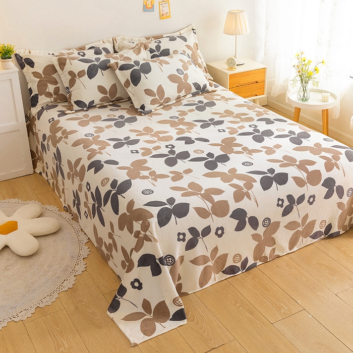 91家纺网 家纺一手货源 找家纺 金盛纺 2025新款高克重牛奶绒印花系列单床单(可定制) 落叶