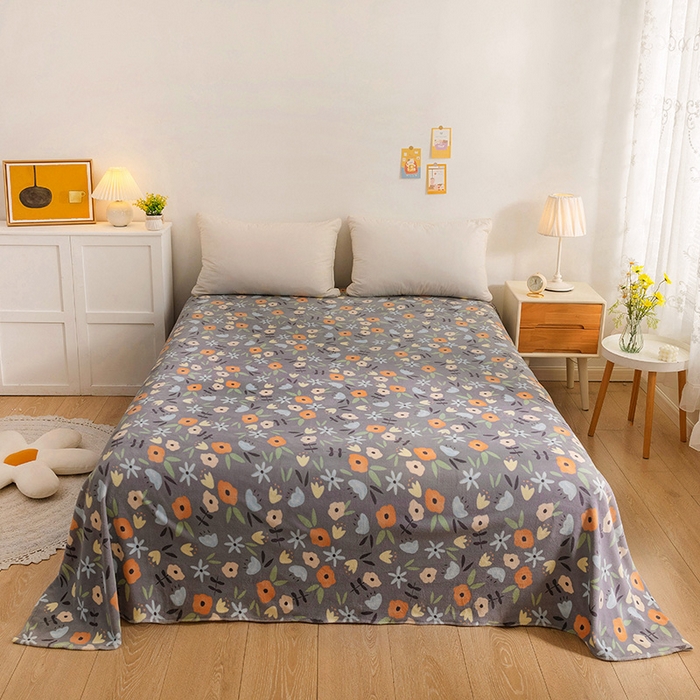 91家纺网 家纺一手货源 找家纺 金盛纺 2025新款高克重牛奶绒印花系列单床单(可定制) 繁花（灰）