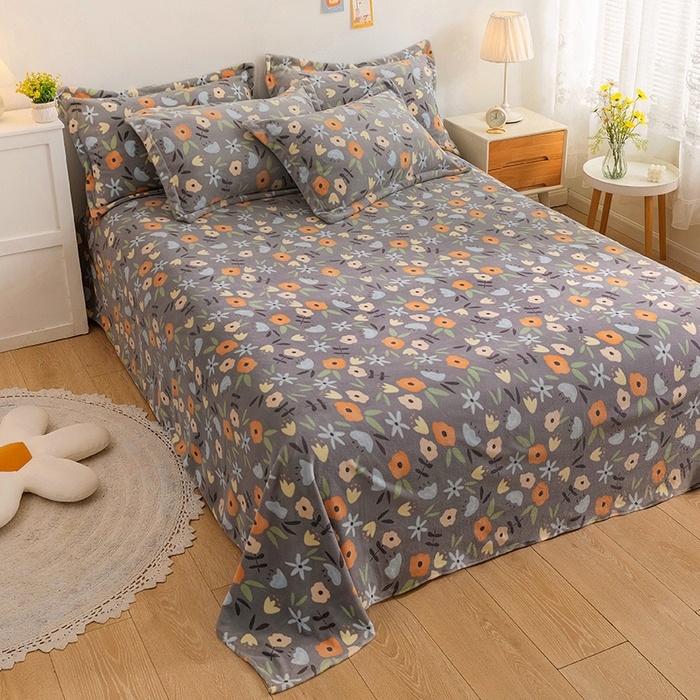 91家纺网 家纺一手货源 找家纺 金盛纺 2025新款高克重牛奶绒印花系列单床单(可定制) 繁花（灰）