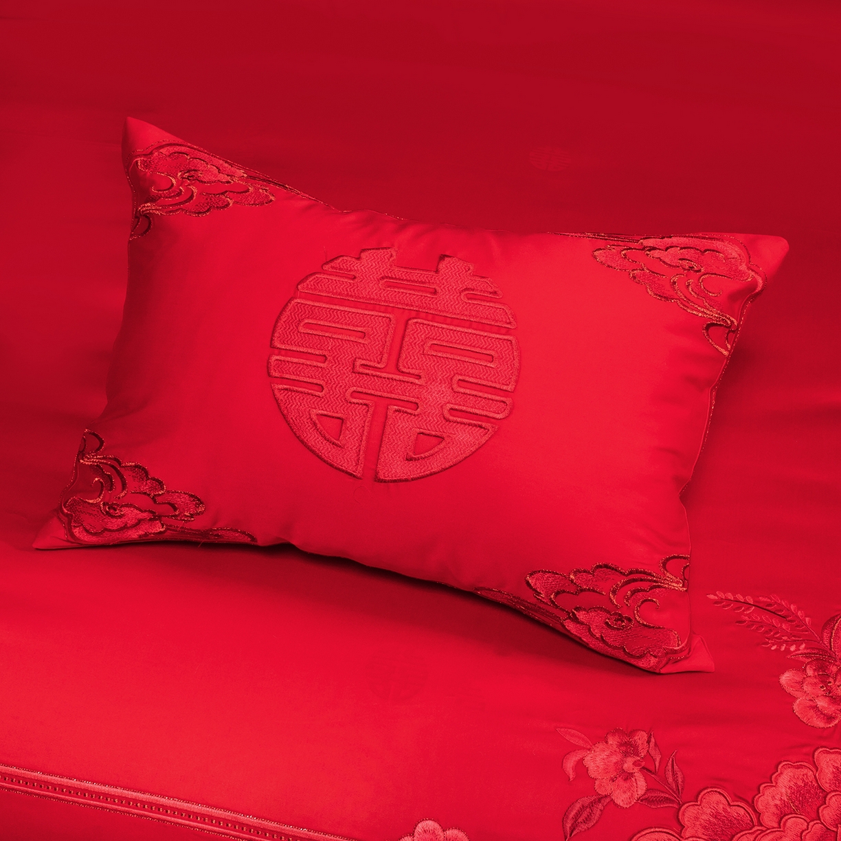 91家纺网 家纺一手货源 找家纺 柏拉图 2025新款100s长绒棉贡缎提花重工艺刺绣婚庆四件套多件套 百花贺喜红