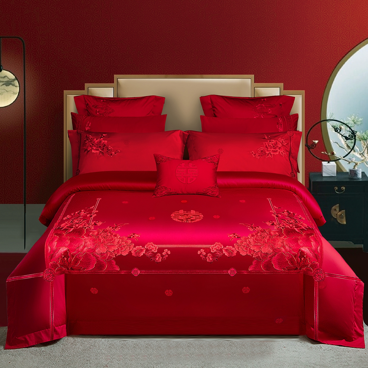 柏拉圖 2025新款100s長絨棉貢緞提花重工藝刺繡婚慶四件套多件套 百花賀喜紅