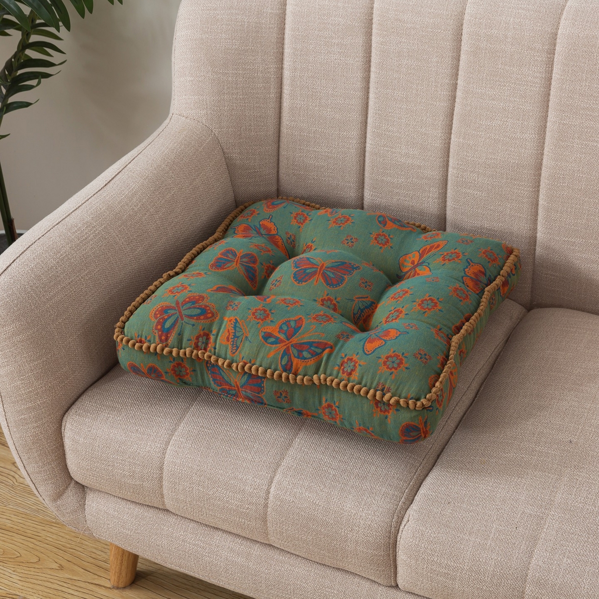 小欢喜 2025新款全棉双层纱坐垫 方垫-蝶舞-绿