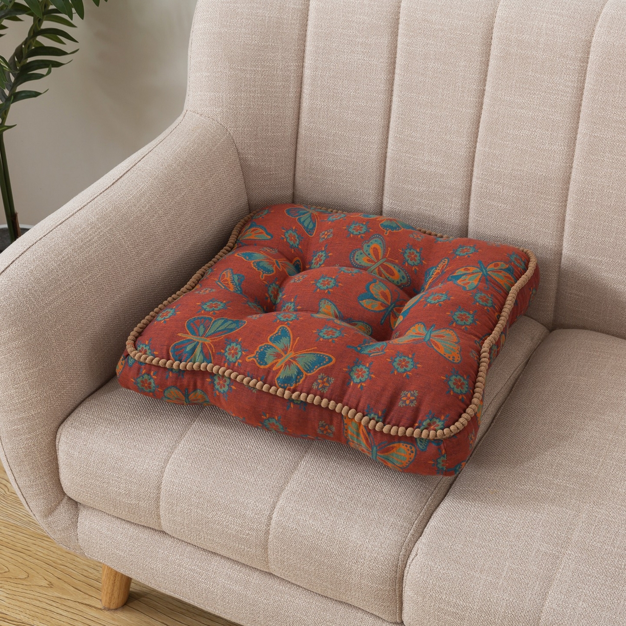 小欢喜 2025新款全棉双层纱坐垫 方垫-蝶舞-红