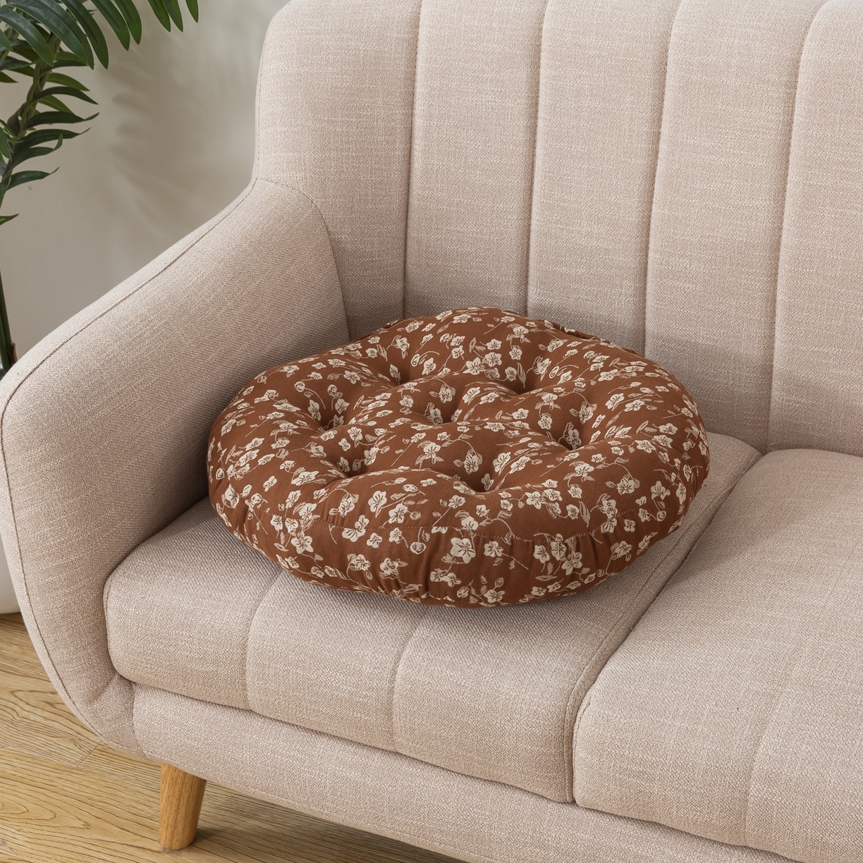 小欢喜 2025新款全棉双层纱坐垫 圆垫-夕颜-咖