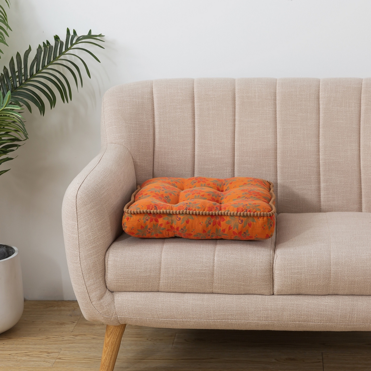 91家纺网 家纺一手货源 找家纺 小欢喜 2025新款全棉双层纱坐垫 方垫-花语-橙