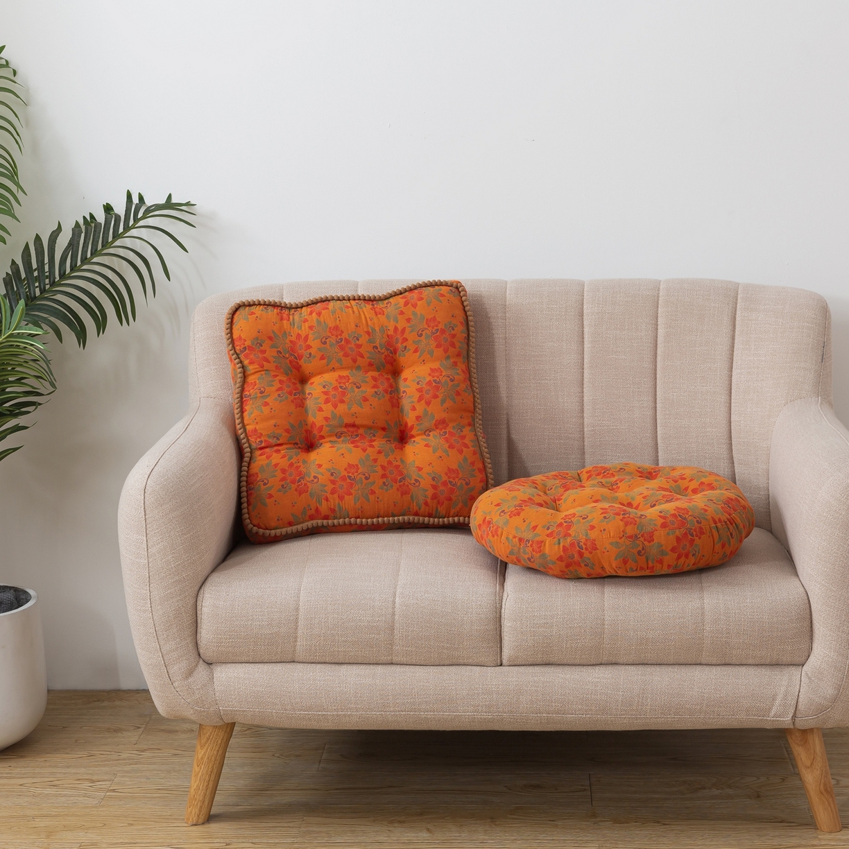 91家纺网 家纺一手货源 找家纺 小欢喜 2025新款全棉双层纱坐垫 圆垫-花语-橙