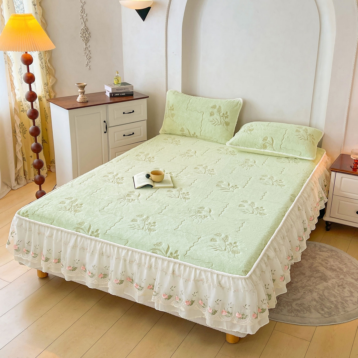 91家纺网 家纺一手货源 找家纺 眠势力 2025新款兔毛绒雕花床笠单件冬季兔兔绒加绒保暖席梦思床垫保护套全包 繁花-绒绿