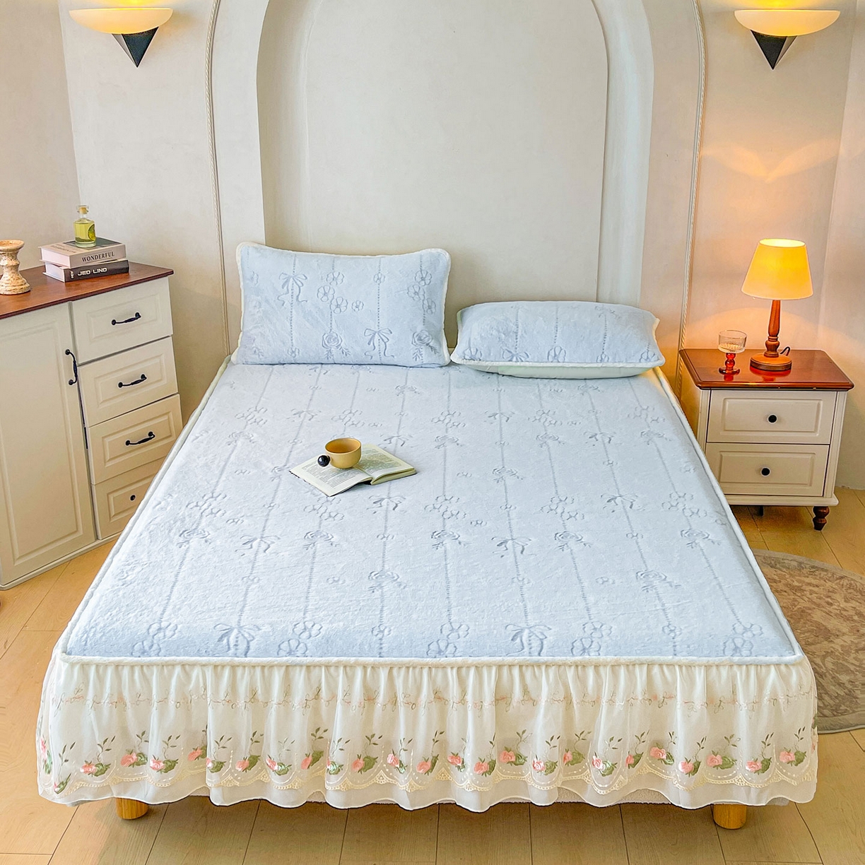 91家纺网 家纺一手货源 找家纺 眠势力 2025新款兔毛绒雕花床笠单件冬季兔兔绒加绒保暖席梦思床垫保护套全包 若溪-霜兰