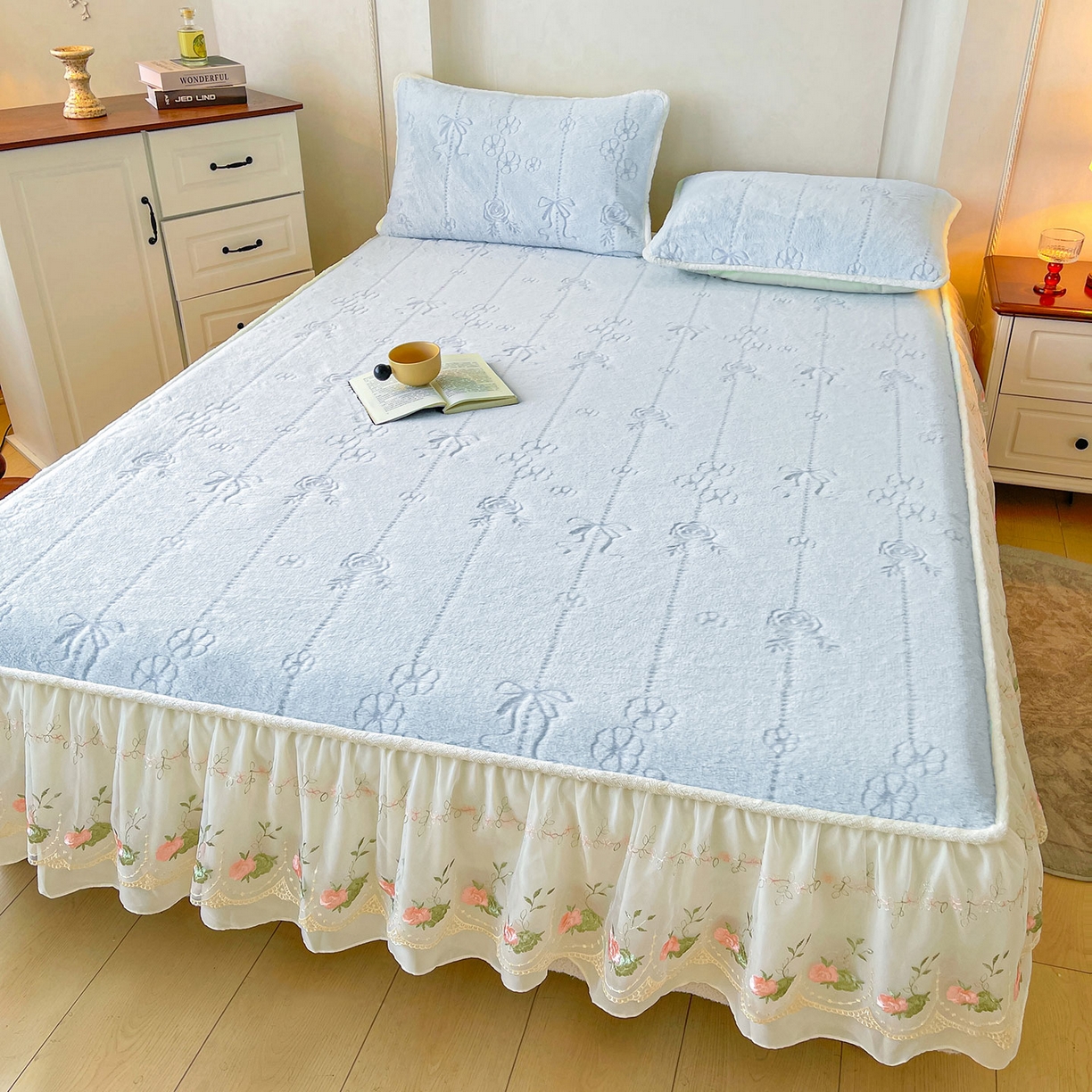 91家纺网 家纺一手货源 找家纺 眠势力 2025新款兔毛绒雕花床笠单件冬季兔兔绒加绒保暖席梦思床垫保护套全包 若溪-霜兰