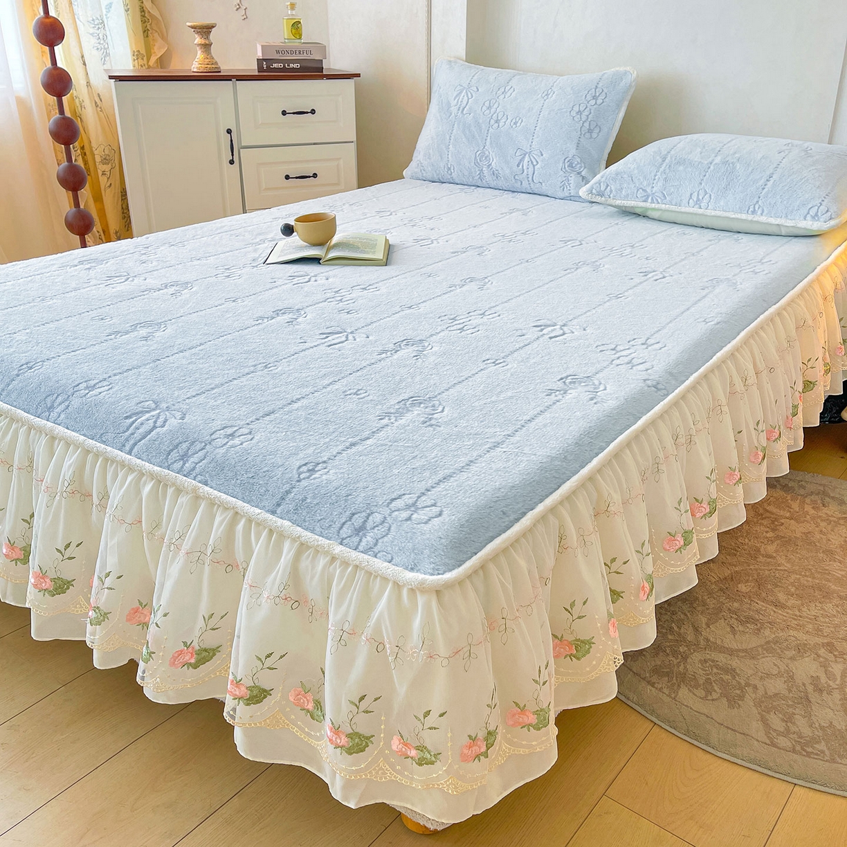 91家纺网 家纺一手货源 找家纺 眠势力 2025新款兔毛绒雕花床笠单件冬季兔兔绒加绒保暖席梦思床垫保护套全包 若溪-霜兰