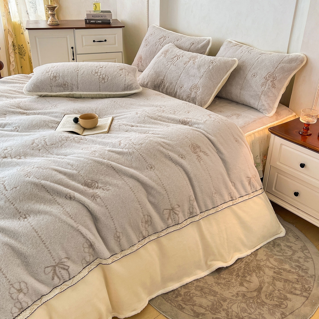 91家纺网 家纺一手货源 找家纺 眠势力 2025新款兔毛绒雕花被套冬季兔兔绒加绒保暖被罩 若溪-灰紫