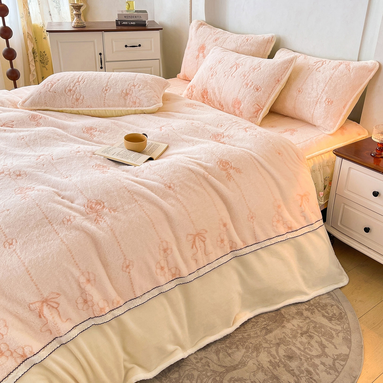 91家纺网 家纺一手货源 找家纺 眠势力 2025新款兔毛绒雕花被套冬季兔兔绒加绒保暖被罩 若溪-沁粉