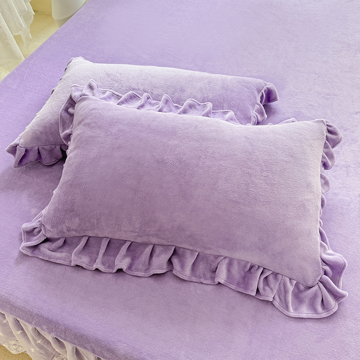 91家纺网 家纺一手货源 找家纺 优家居 2025秋冬高克重牛奶绒床裙纯色蕾丝边花边刺绣法式公主风床罩床盖 香芋紫