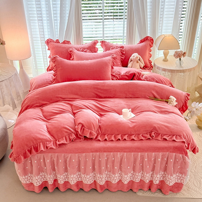 优家居 2025秋冬高克重牛奶绒床裙款四件套纯色蕾丝边花边刺绣法式公主风床裙款被套 甜心粉
