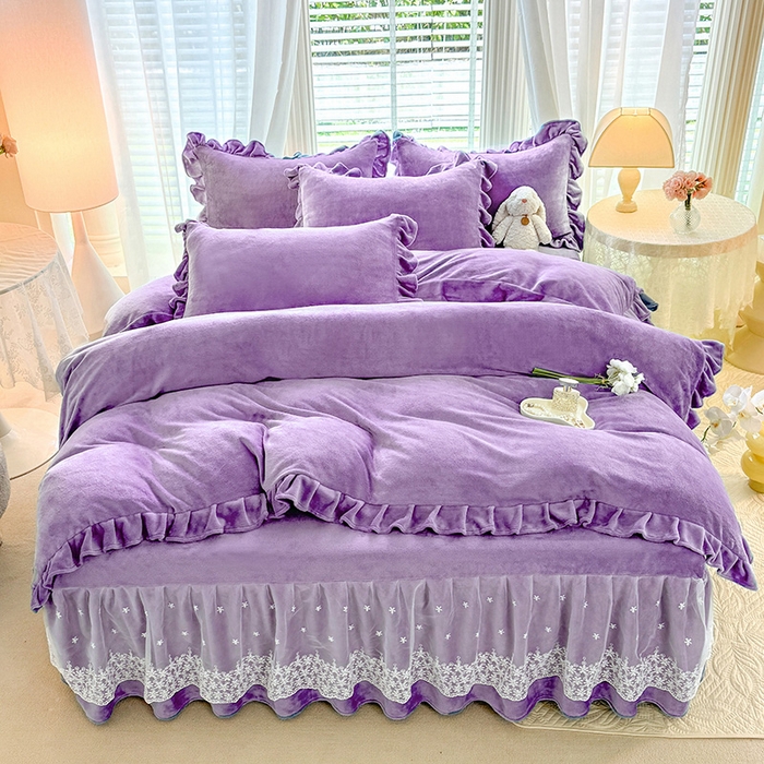 优家居 2025秋冬高克重牛奶绒床裙款四件套纯色蕾丝边花边刺绣法式公主风床裙款被套 香芋紫