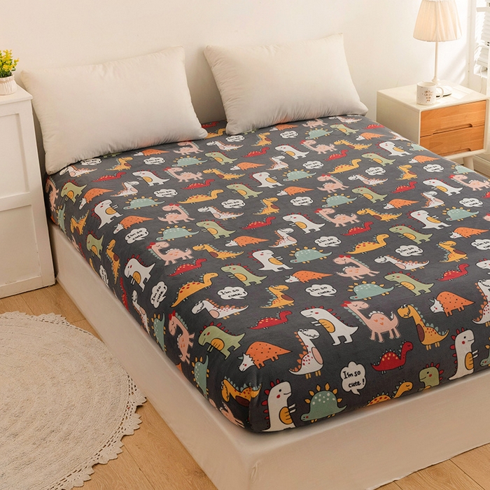 91家纺网 家纺一手货源 找家纺 金盛纺 2025新款高克重牛奶绒印花系列单床笠(可定制) 恐龙王国