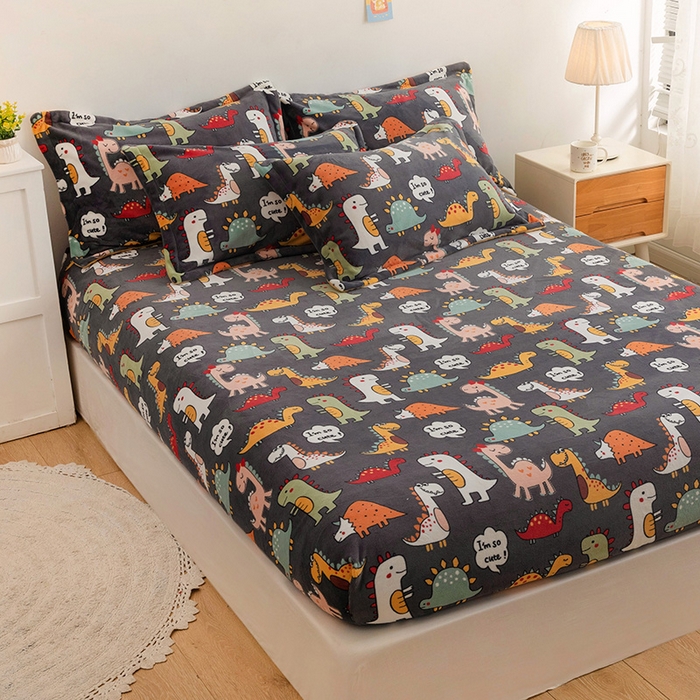 91家纺网 家纺一手货源 找家纺 金盛纺 2025新款高克重牛奶绒印花系列单床笠(可定制) 恐龙王国