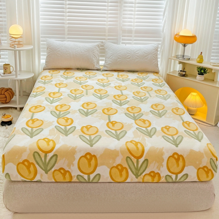 91家纺网 家纺一手货源 找家纺 金盛纺 2025新款高克重牛奶绒印花系列单床笠(可定制) 郁金香