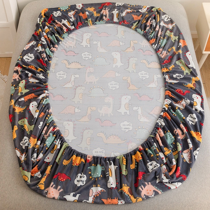 91家纺网 家纺一手货源 找家纺 金盛纺 2025新款高克重牛奶绒印花系列单床笠(可定制) 恐龙王国