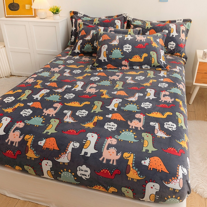 91家纺网 家纺一手货源 找家纺 金盛纺 2025新款高克重牛奶绒印花系列单床笠(可定制) 恐龙王国