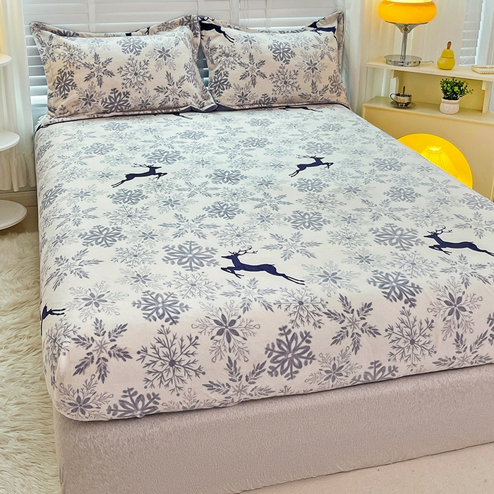 91家纺网 家纺一手货源 找家纺 金盛纺 2025新款高克重牛奶绒印花系列单床笠(可定制) 圣诞鹿