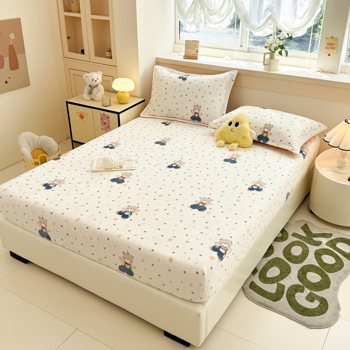 91家纺网 家纺一手货源 找家纺 金盛纺 2025新款高克重牛奶绒印花系列单床笠(可定制) 熊熊乐园