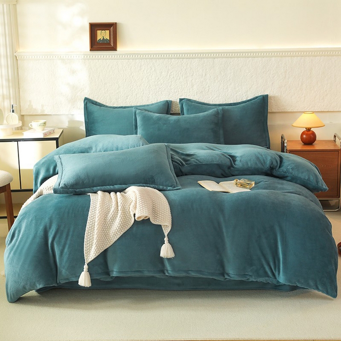 优家居 2025秋冬高克重牛奶绒四件套纯色简约日式风床单款被套 灰湖绿