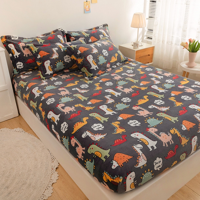 91家纺网 家纺一手货源 找家纺 金盛纺 2025新款高克重牛奶绒印花系列单床笠(可定制) 恐龙王国