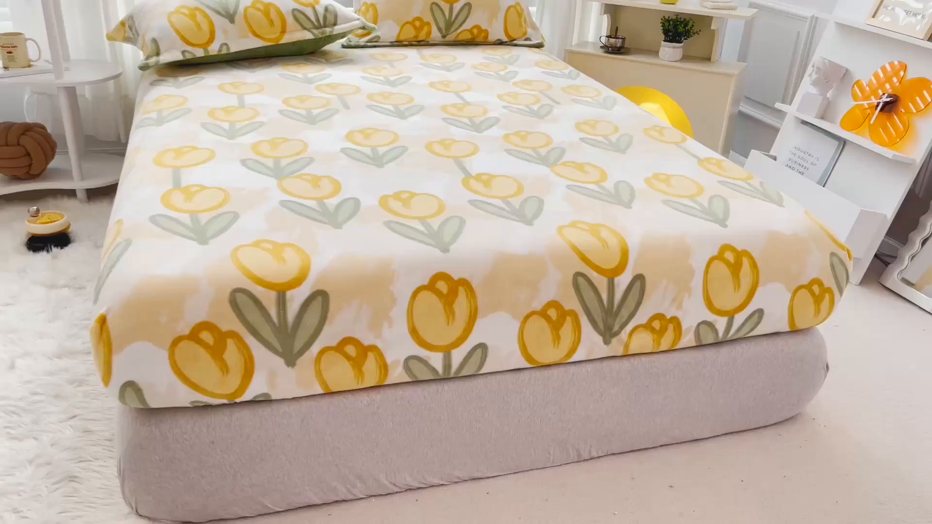 91家纺网 家纺一手货源 找家纺 金盛纺 2025新款高克重牛奶绒印花系列单床笠(可定制) 郁金香