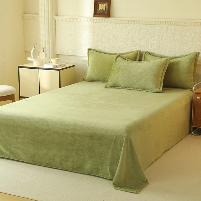 91家纺网 家纺一手货源 找家纺 优家居 2025秋冬高克重牛奶绒四件套纯色简约日式风床单款被套 清新绿