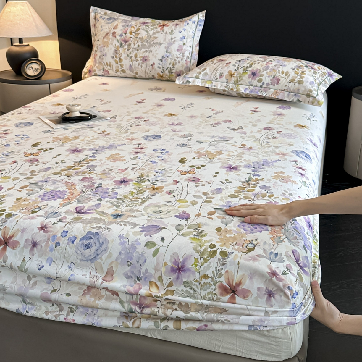 大柏树 2025新款亲肤舒适全棉纯棉磨单床笠 床笠单件 花笺集米白