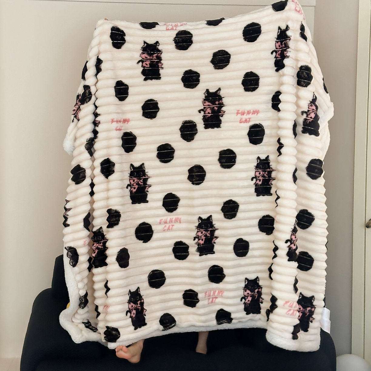 91家纺网 家纺一手货源 找家纺 RYB红黄兰 2025新款设计师原创抽条280g兔兔绒羊羔绒加厚毛毯 波点黑猫