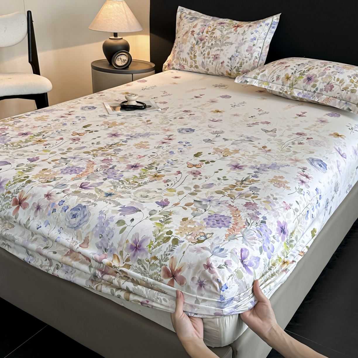 91家纺网 家纺一手货源 找家纺 大柏树 2025新款亲肤舒适全棉纯棉磨单床笠 床笠单件 花笺集米白