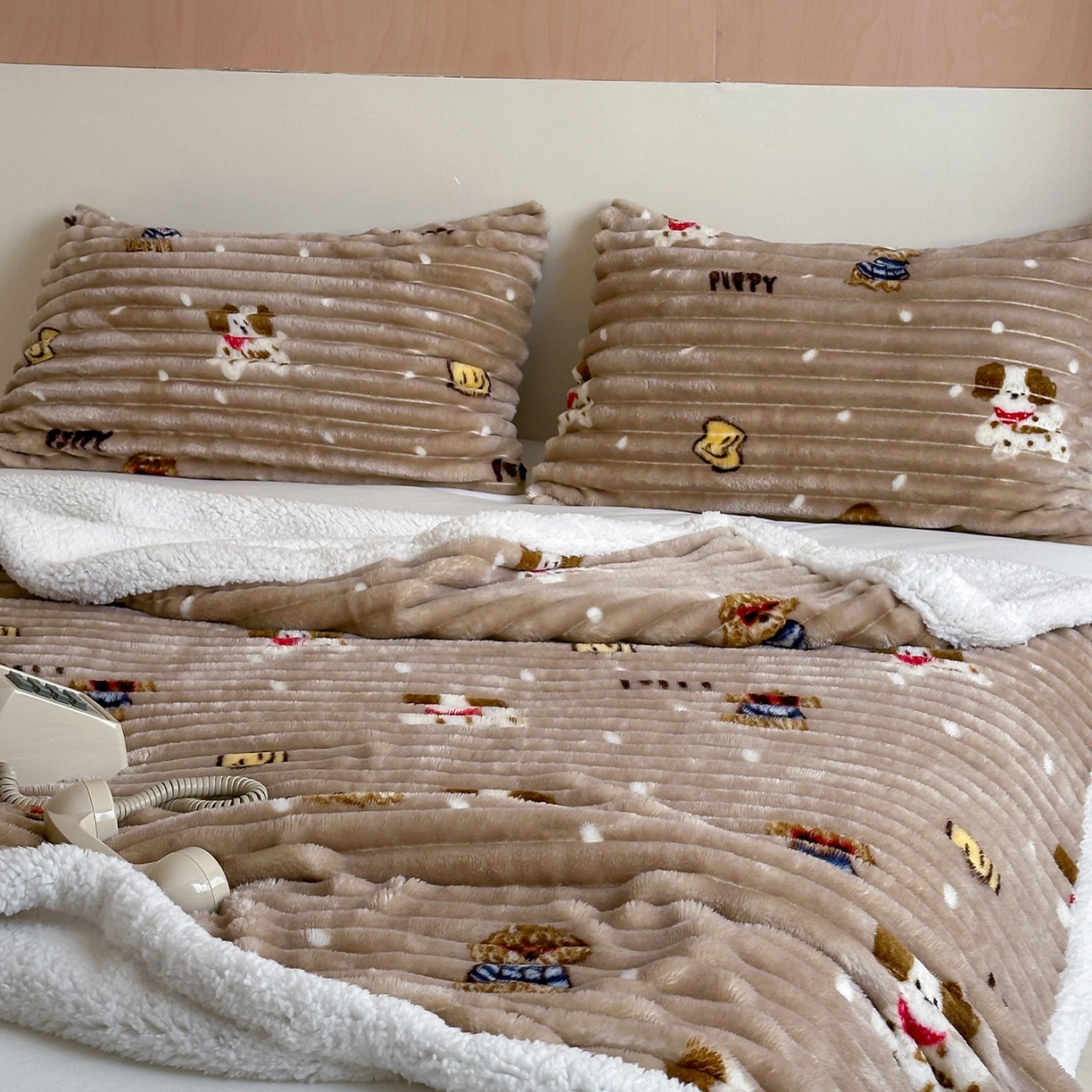 91家纺网 家纺一手货源 找家纺 RYB红黄兰 2025新款设计师原创抽条280g兔兔绒羊羔绒加厚毛毯 咖色潦草狗