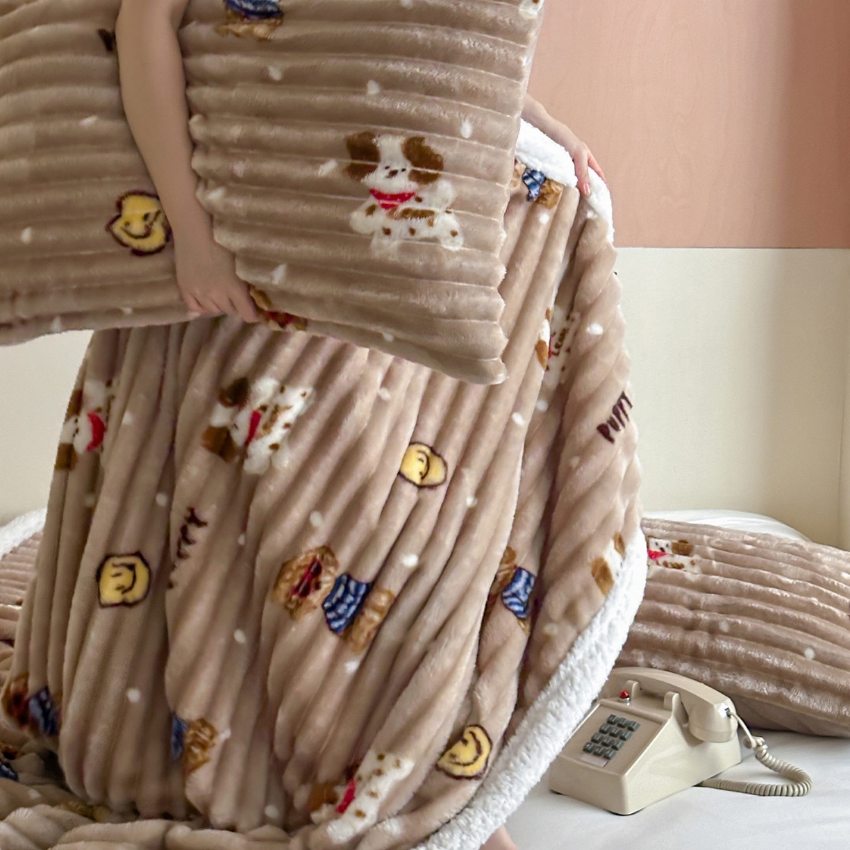 91家纺网 家纺一手货源 找家纺 RYB红黄兰 2025新款设计师原创抽条280g兔兔绒羊羔绒加厚毛毯 咖色潦草狗