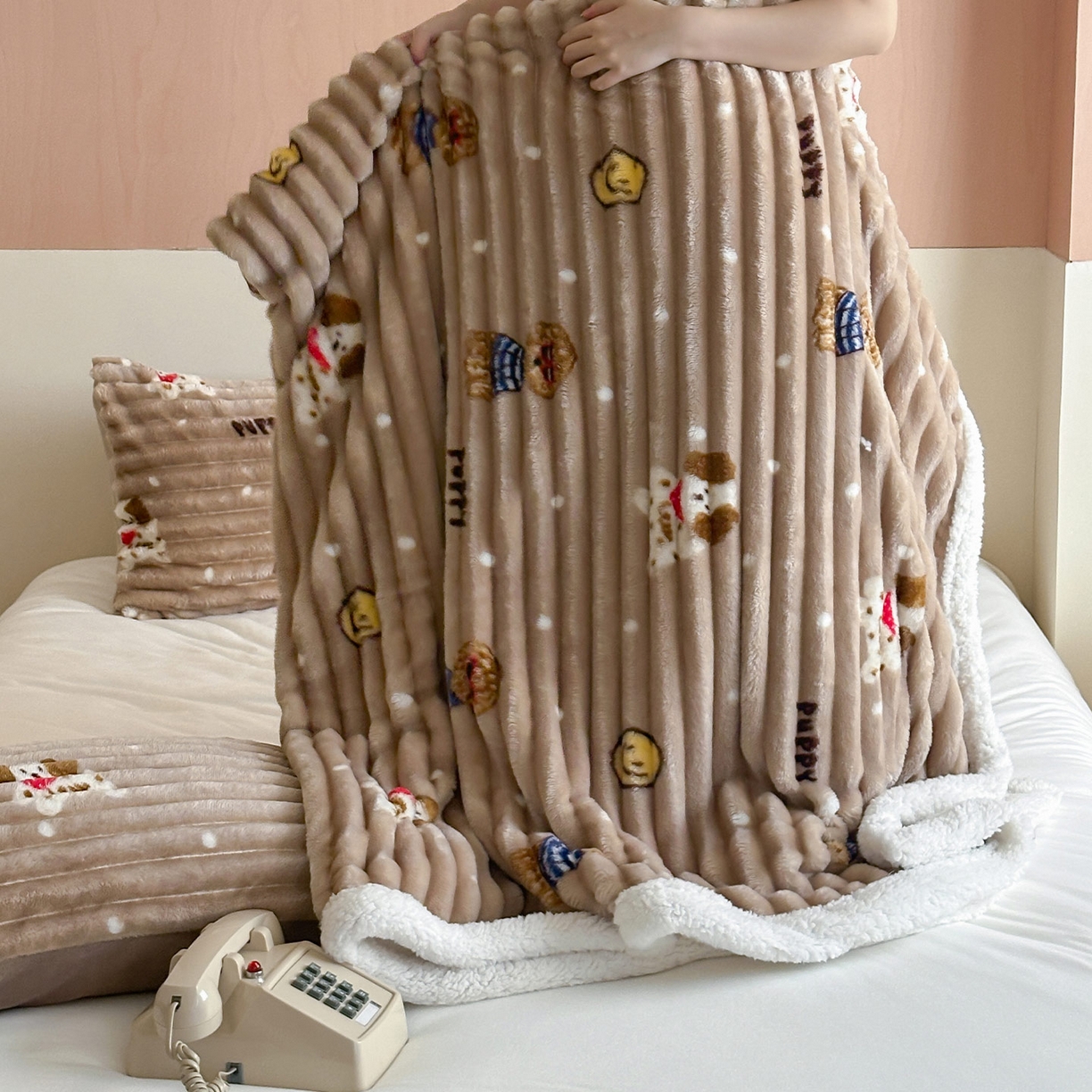 91家纺网 家纺一手货源 找家纺 RYB红黄兰 2025新款设计师原创抽条280g兔兔绒羊羔绒加厚毛毯 咖色潦草狗