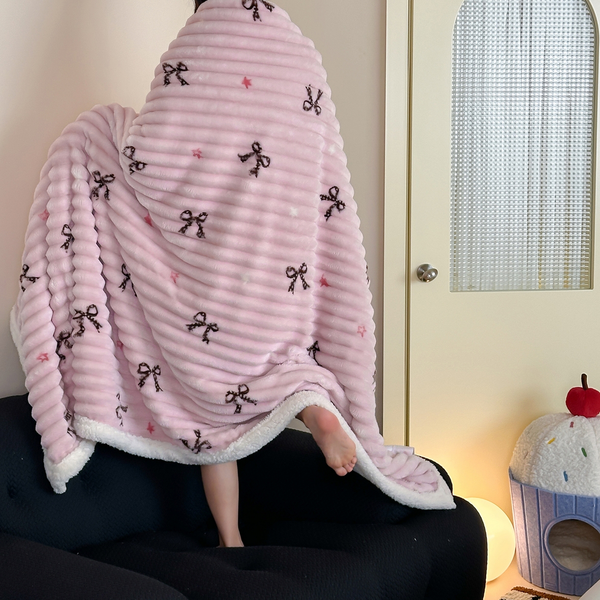 RYB红黄兰 2025新款设计师原创抽条280g兔兔绒羊羔绒加厚毛毯 星星蝴蝶结