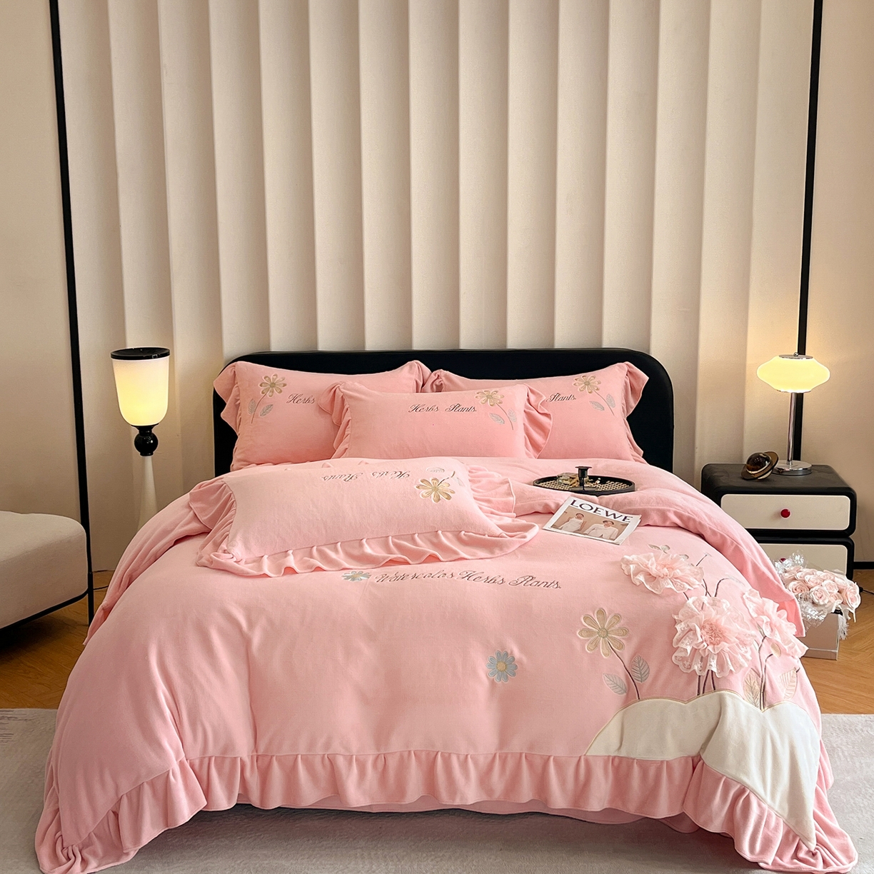 爱家（原缔乐家纺） 2025新款A类高克重牛奶绒立体花刺绣四件套-花蜜 花蜜-公主粉