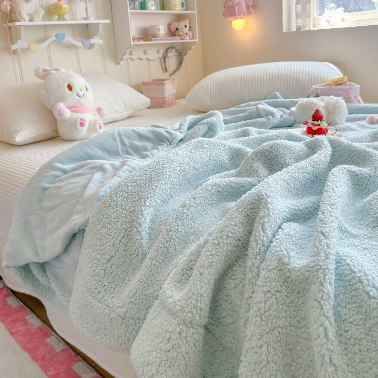 91家纺网 家纺一手货源 找家纺 顾里家纺 2025新款韩系糯叽叽纯色羊羔绒毯毯子 冰椰蓝