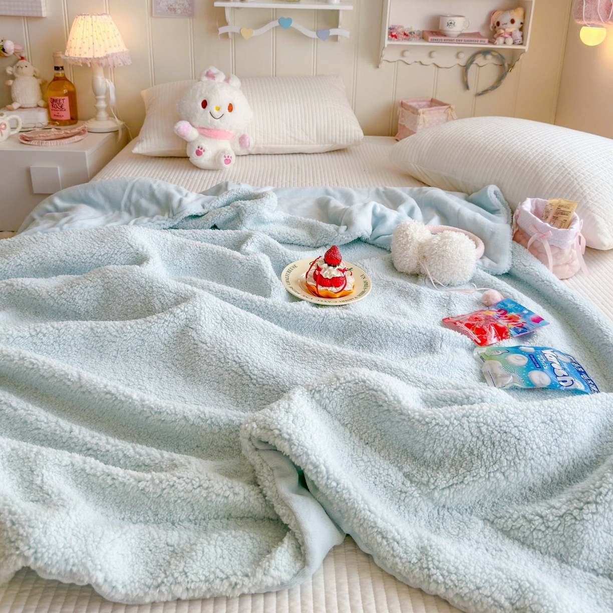 91家纺网 家纺一手货源 找家纺 顾里家纺 2025新款韩系糯叽叽纯色羊羔绒毯毯子 冰椰蓝