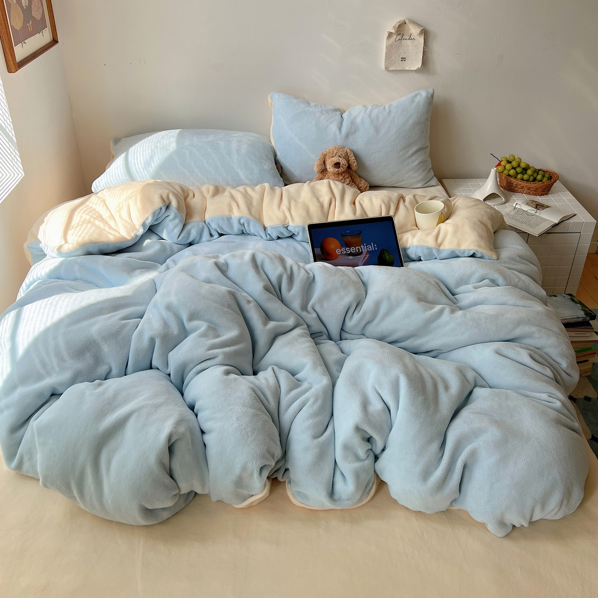 91家纺网 家纺一手货源 找家纺 （总）六巷胡同 2025新款INS博主风纯色双拼A类牛奶绒四件套