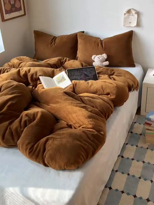 91家纺网 家纺一手货源 找家纺 六巷胡同 2025新款INS博主风纯色双拼A类牛奶绒四件套 可可海盐