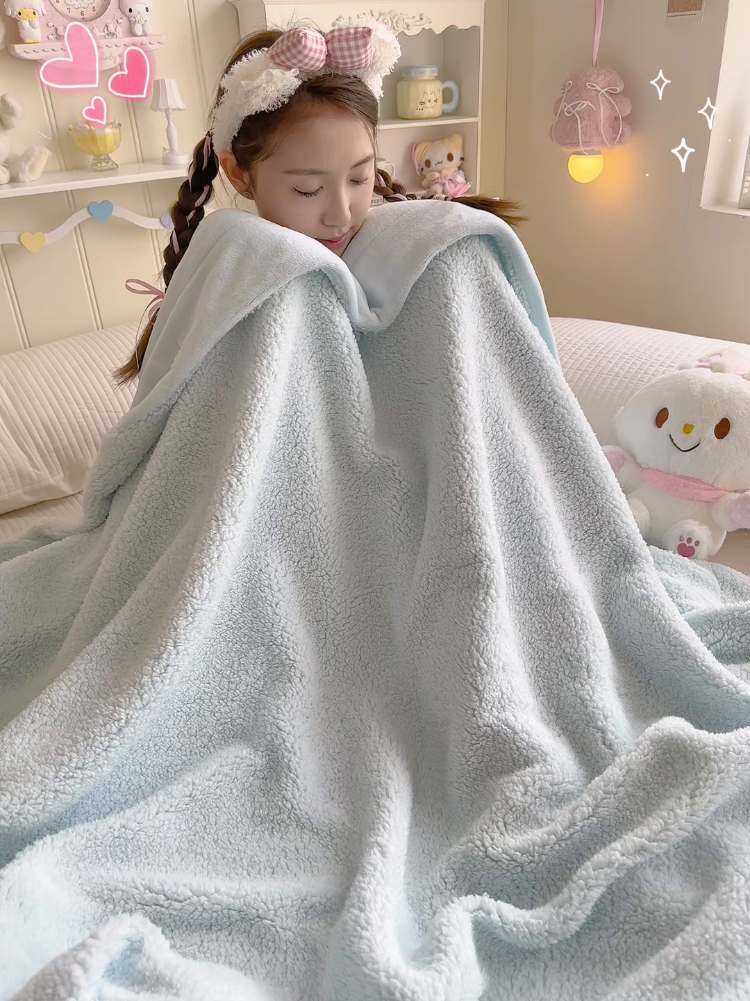 91家纺网 家纺一手货源 找家纺 顾里家纺 2025新款韩系糯叽叽纯色羊羔绒毯毯子 冰椰蓝